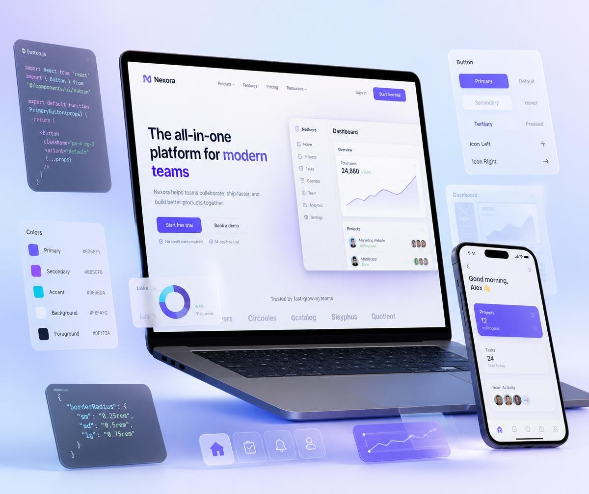 Laptop showing a modern website beside a smartphone app, surrounded by floating UI wireframes, design tokens and code snippets