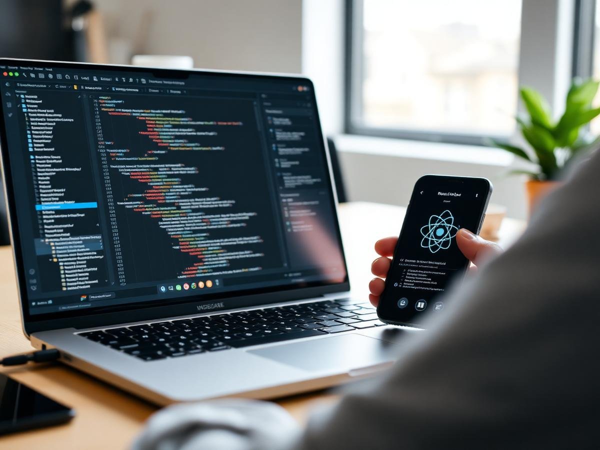Developer building a React Native application with a live device preview